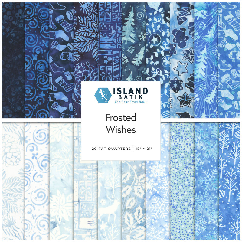 Collage of fabric in the collection in deep blue, sky blue, ice blue, and white, with wintery motifs
