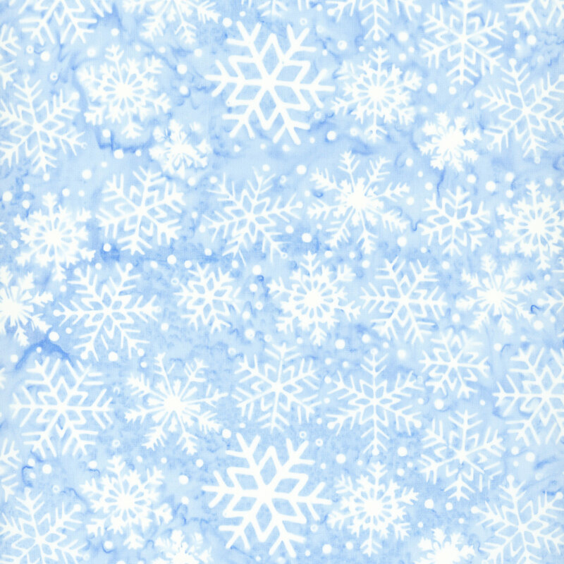 Watercolor ice blue fabric with pattern of white snowflakes