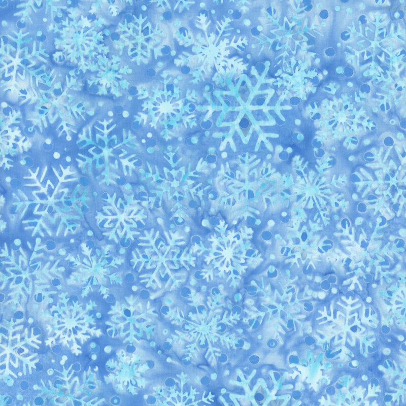 Watercolor azure fabric with pattern of tonal blue snowflakes
