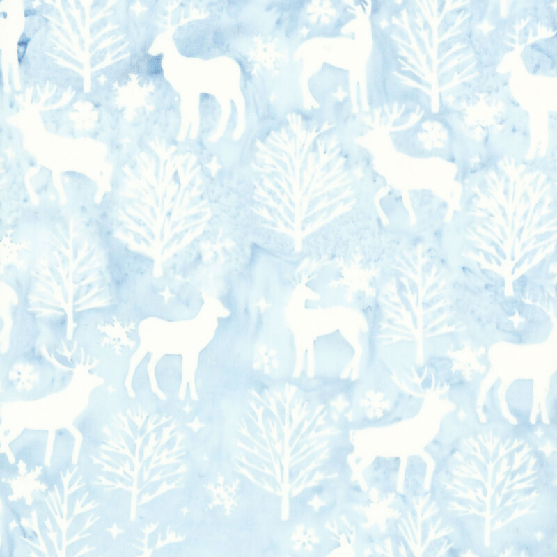 Soft light blue watercolor fabric with an overlay of white deer and trees