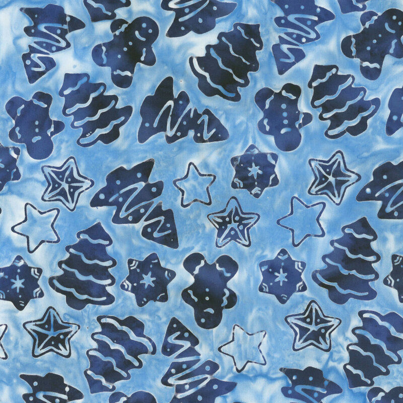 Watercolor sky blue fabric with a pattern of navy blue Christmas cookies, gingerbread men, and stars
