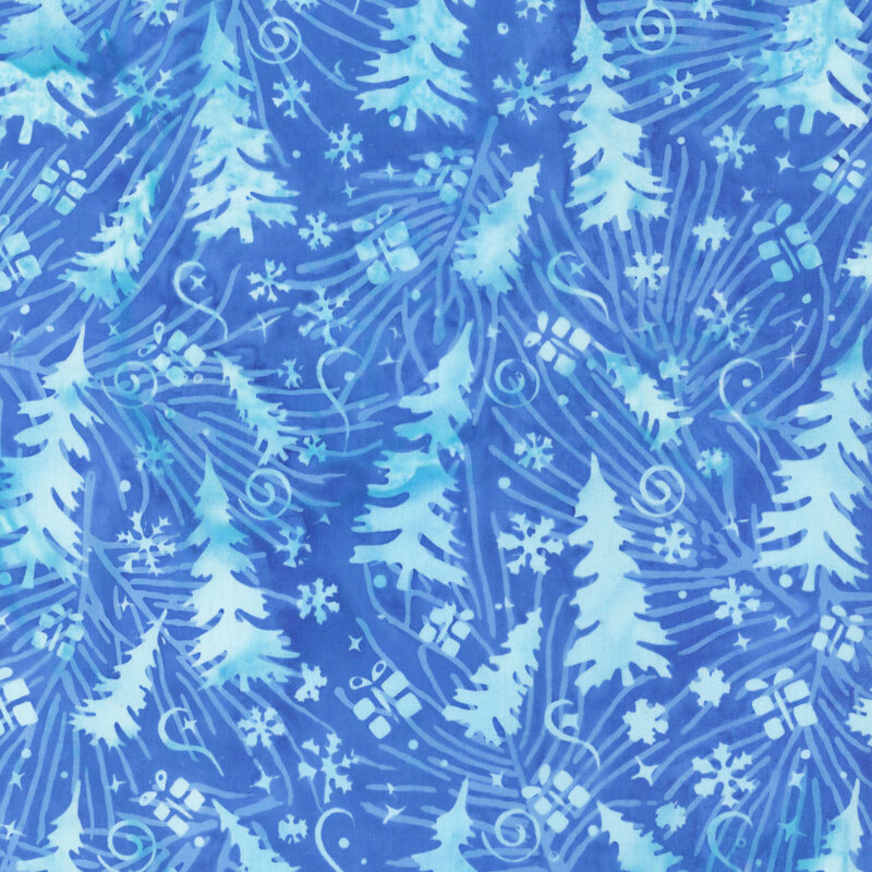 Bright cerulean fabric with a pattern of aquamarine fir trees, Christmas gifts, and swirling pine needles