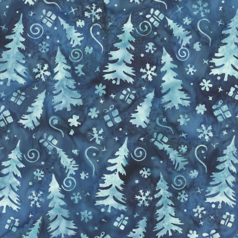 Watercolor denim blue fabric with an pattern of light teal fir trees, Christmas gifts, and snowflakes
