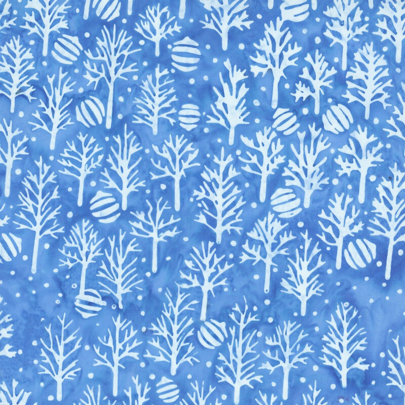 Mottled azure fabric with light blue trees and abstract ornaments