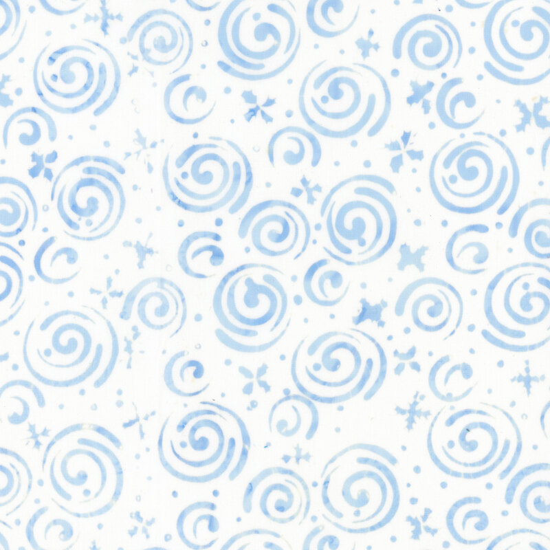 White fabric with watercolor blue swirls and small abstract holly leaves