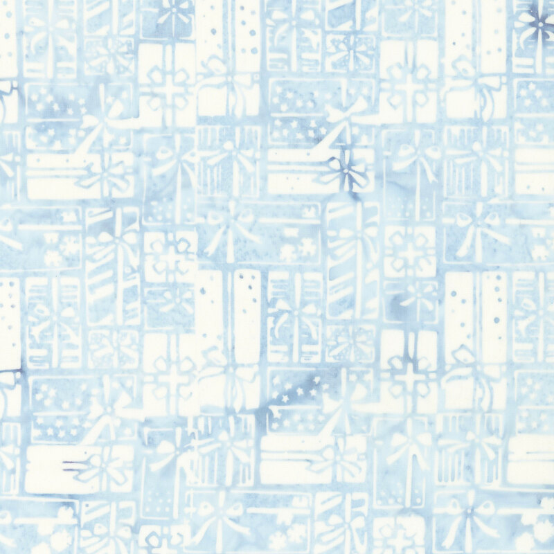 Light blue watercolor fabric with a white overlay of stacked Christmas presents with bows
