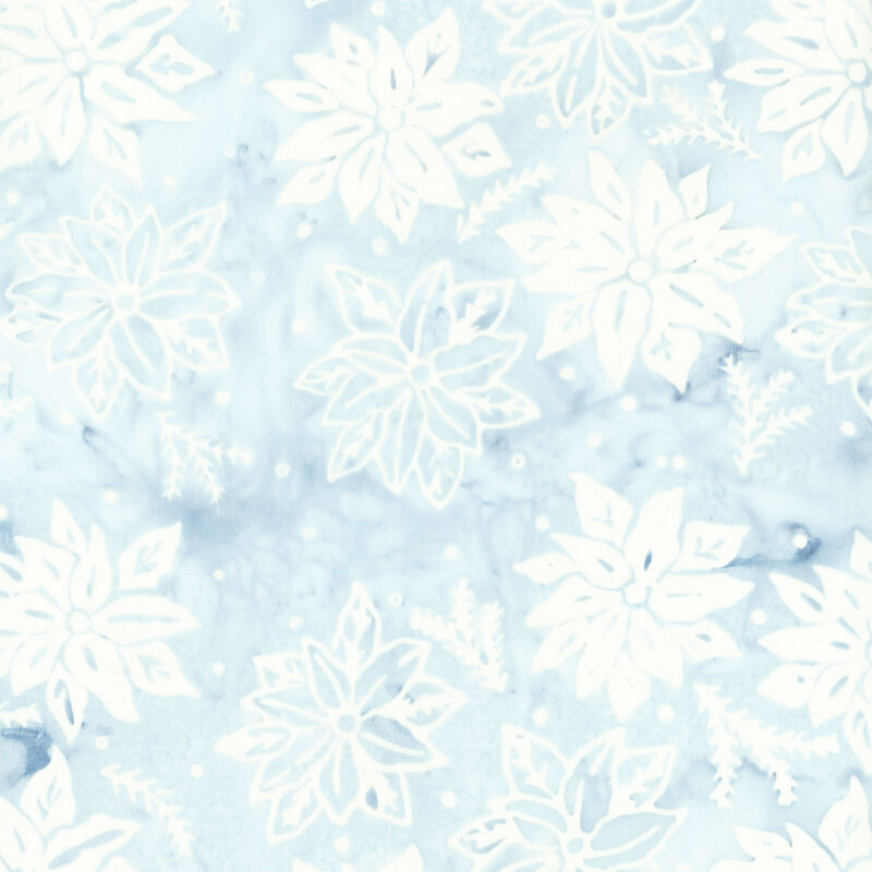 Watercolor ice blue fabric with a white overlay of poinsettia flowers 
