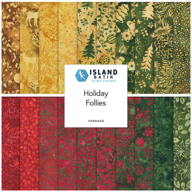 Collage of fabrics in the collection in gold, evergreen, and crimson with holiday motifs like Christmas trees, ornaments, reindeer, and snowflakes