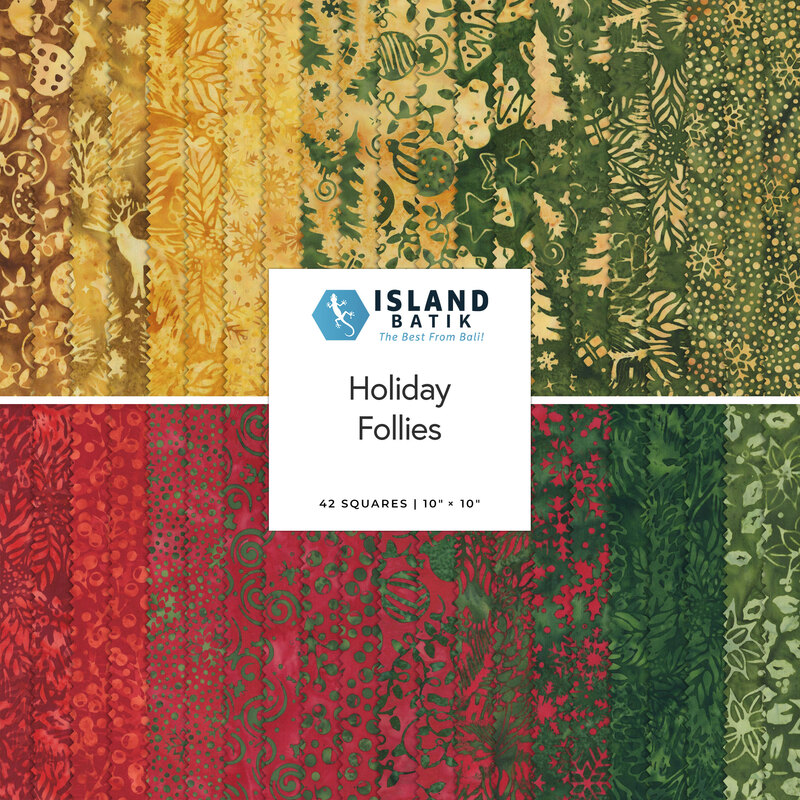 Collage of fabric swatches from the collection in gold, evergreen, and crimson with holiday motifs like Christmas trees, ornaments, reindeer, and snowflakes