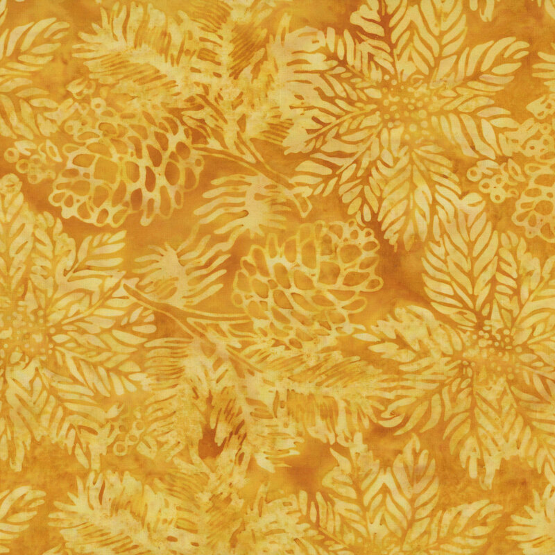Mottled gold fabric with a radiant tonal overlay of poinsettia flowers and pinecones
