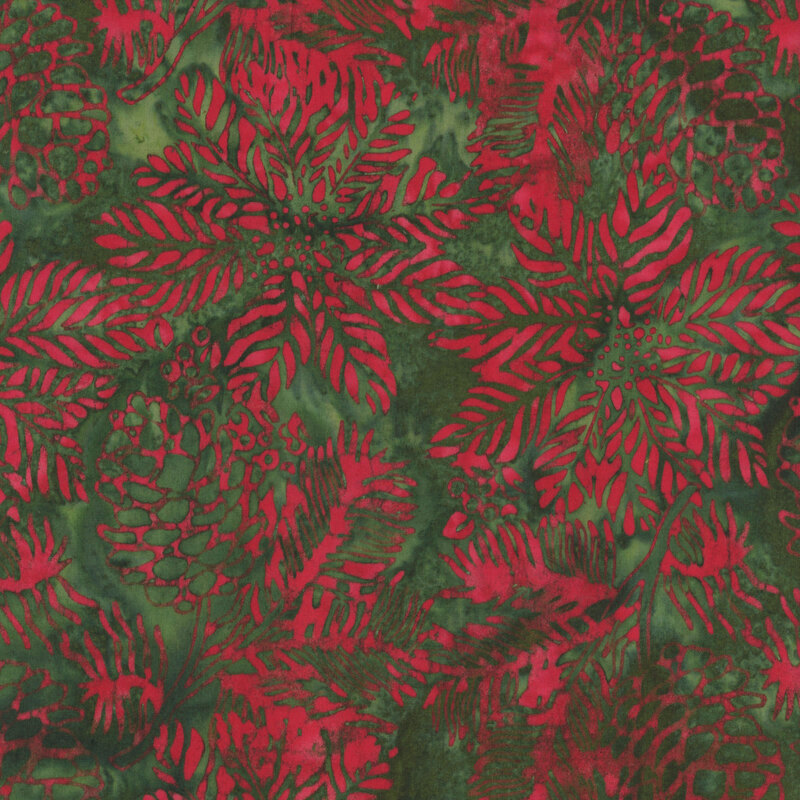 Mottled evergreen fabric with a bright scarlet overlay of poinsettia flowers and pinecones