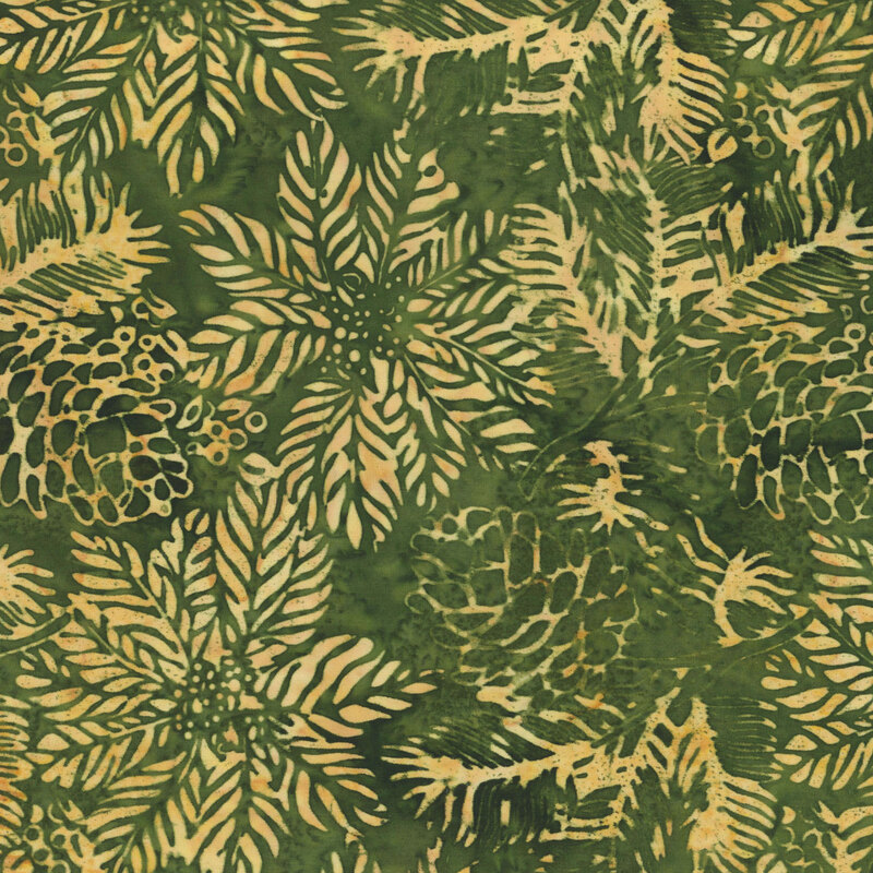 Mottled pine green fabric with a bright gold overlay of poinsettia flowers and pinecones
