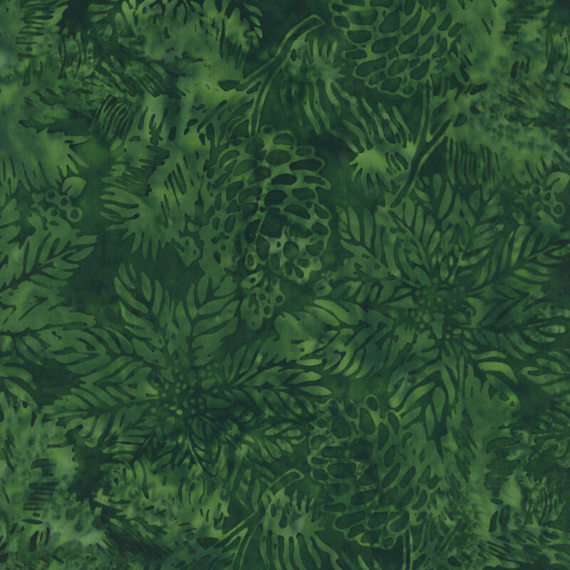 Mottled hunter green fabric with a tonal green overlay of poinsettia flowers and pinecones