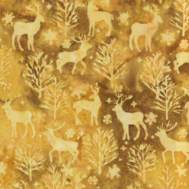 Gold and bronze mottled fabric with an radiant tonal overlay of deer, snowflakes, and trees