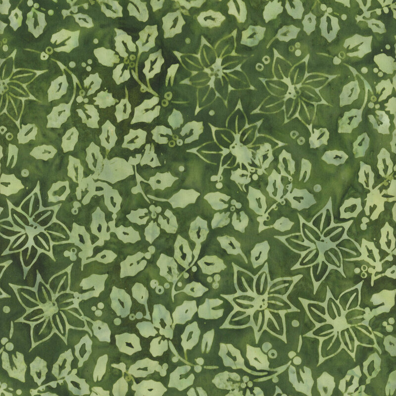 Mottled pine green fabric with a light green overlay of hollies and poinsettias 
