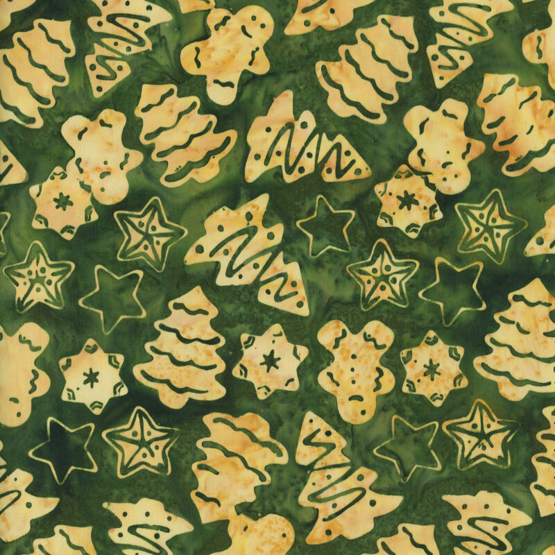 Mottled pine green fabric with a pattern of gold Christmas cookies, gingerbread men, and stars