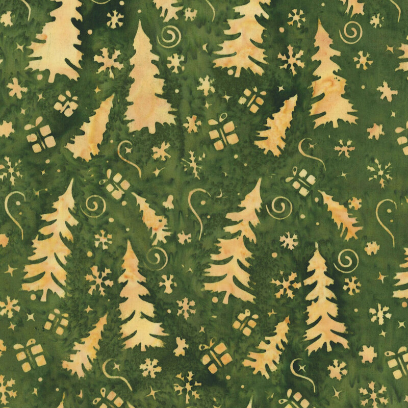Watercolor pine green fabric with an pattern of mottled gold fir trees, Christmas gifts, and snowflakes