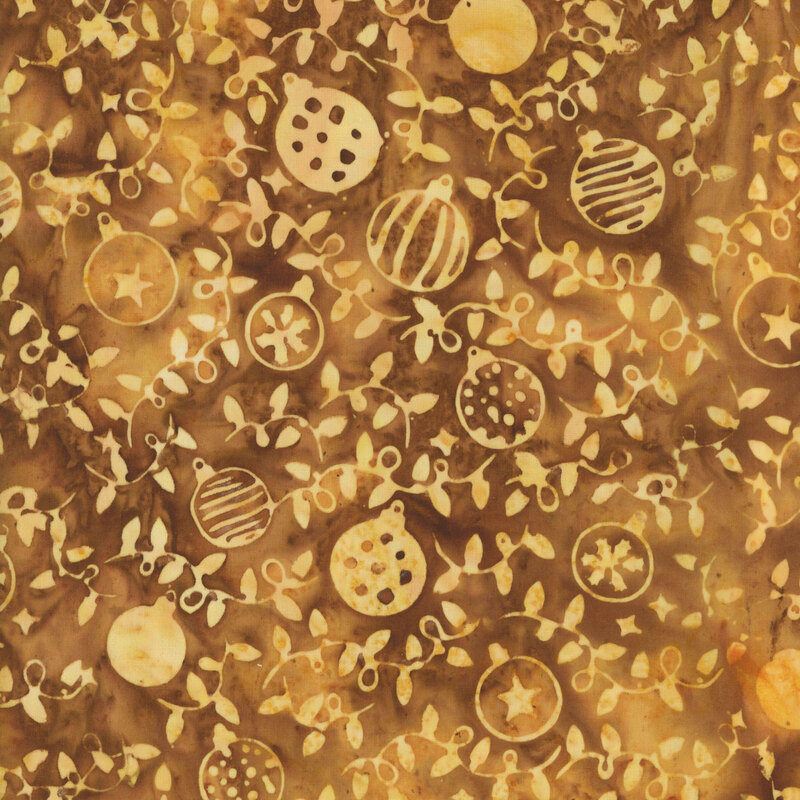 Variegated gold and caramel brown fabric with a pattern of radiant tonal gold Christmas ornaments and string lights 