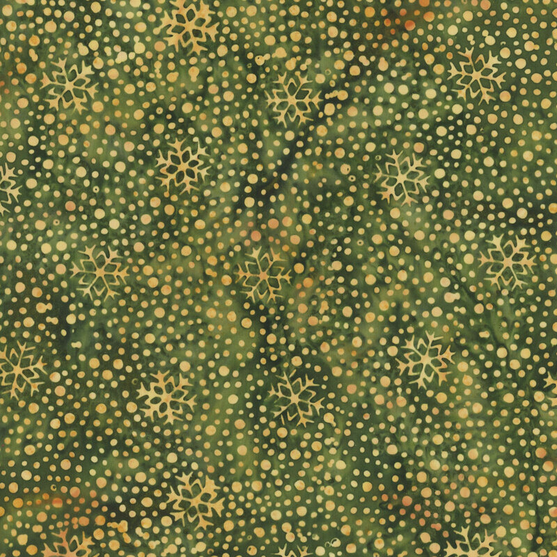 Mottled pine green fabric with a dense pattern of gold dots and snowflakes