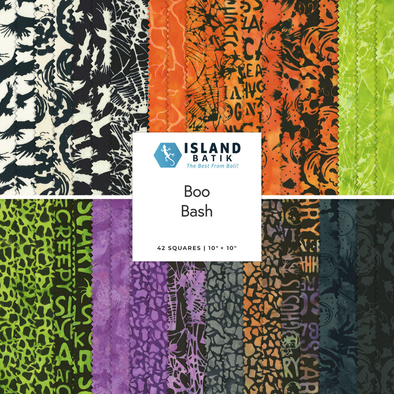 Two rows of patterned fabric in white, orange, green, purple, and black with a Halloween theme.