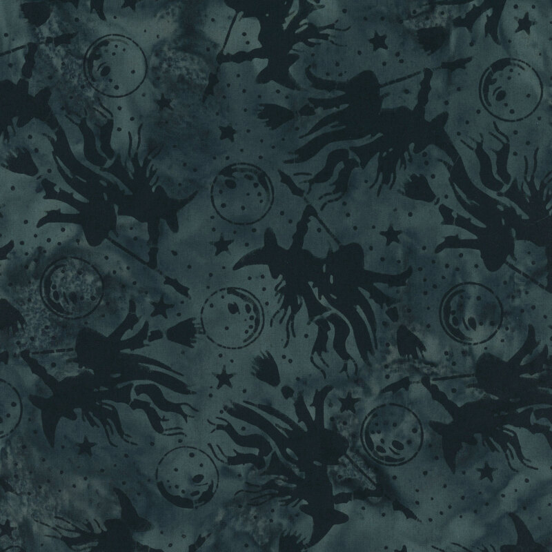 Mottled black fabric with flying witches, moons, and stars.