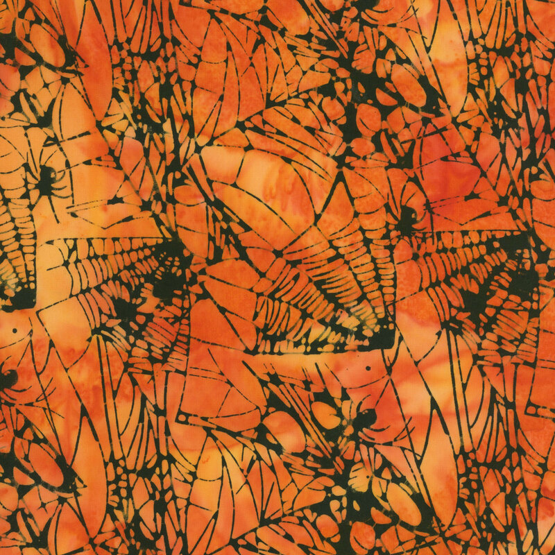 Mottled orange fabric covered in black spider webs.