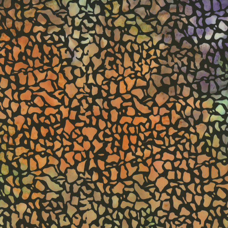 Black gray fabric featuring an abstract design in mottled orange, purple, and green.
