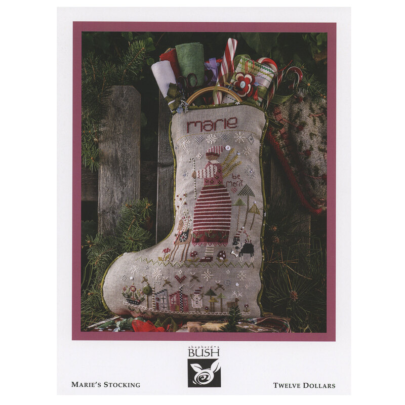 The front of the Marie's Stocking Pattern featuring the finished stocking filled to the brim with presents, surrounded by coordinating decor.