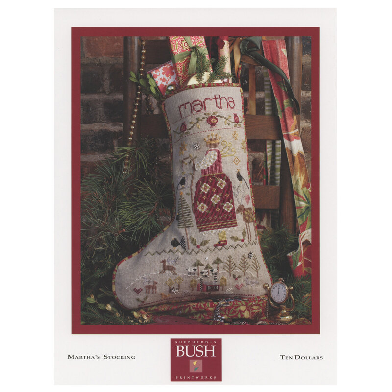 The front of the Martha's Stocking Pattern featuring the finished stocking filled to the brim with presents, surrounded by coordinating decor.
