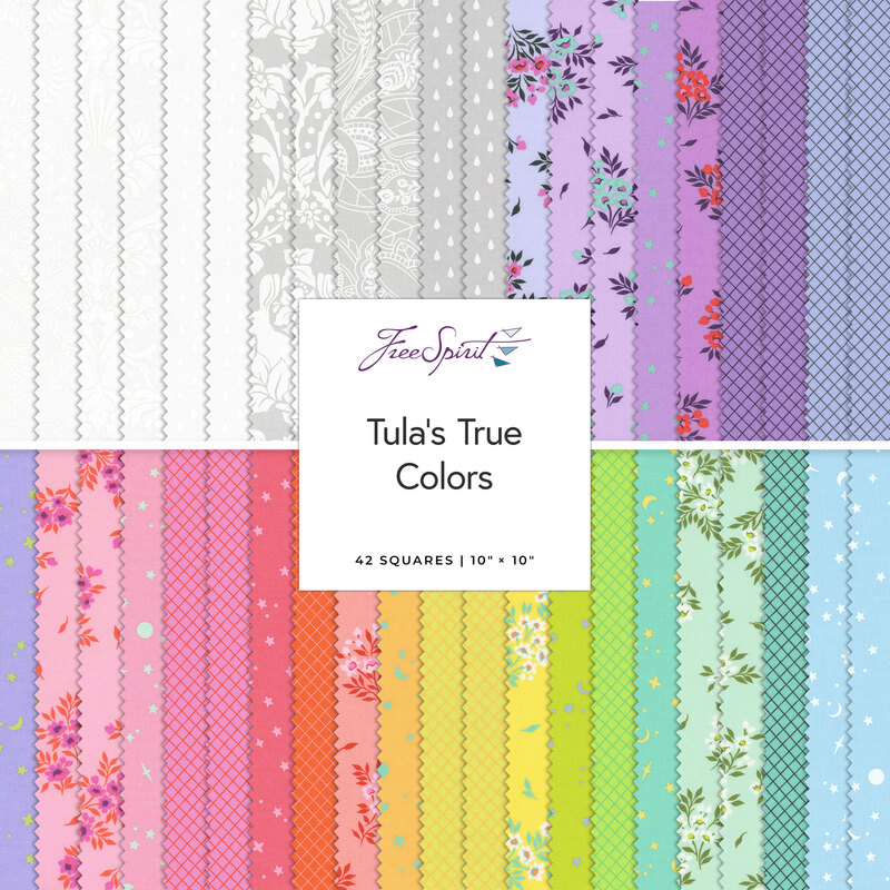 collage of fabrics in the Tula Pink True Colors 10" layer cake arranged in rainbow rows.