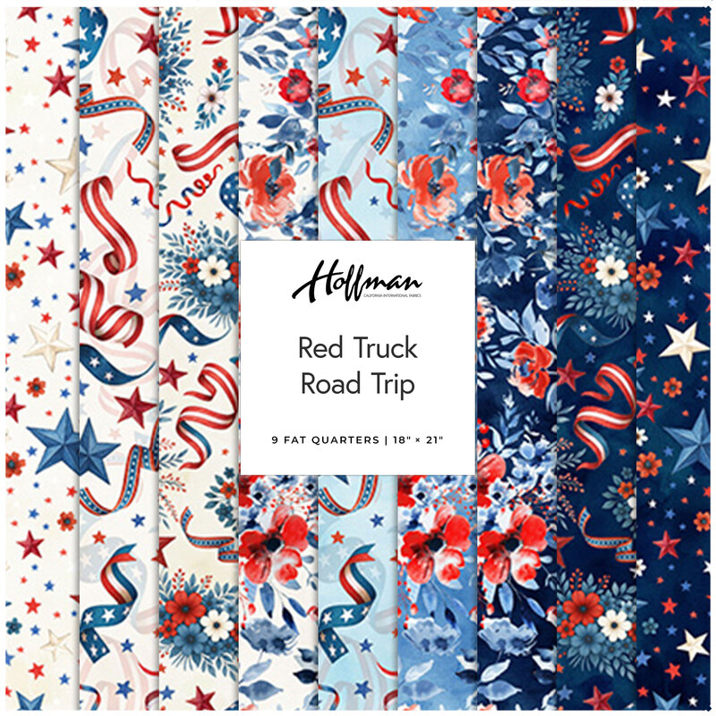 A fabric collage featuring patriotic fabrics from the Red Truck Road Trip collection.