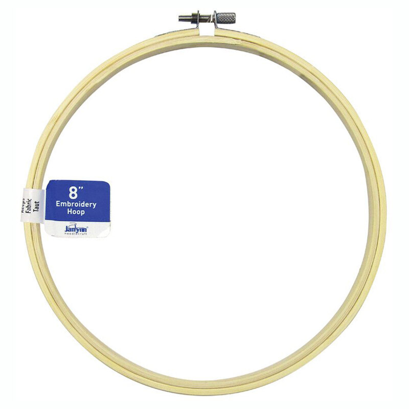 A 8" bamboo embroidery hoop in its packaging, isolated on a white background