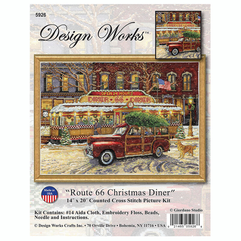 Colorful cross-stitch design depicting a Route 66 Christmas Diner trolley car with various holiday scenes inside a frame
