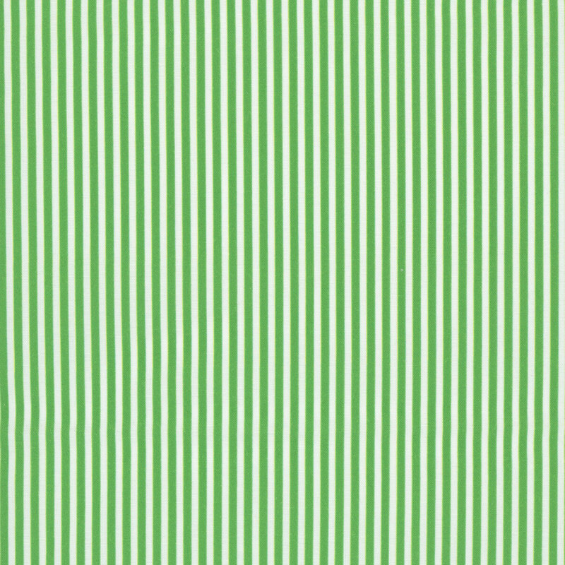 Fabric with narrow white and kelly green vertical stripes