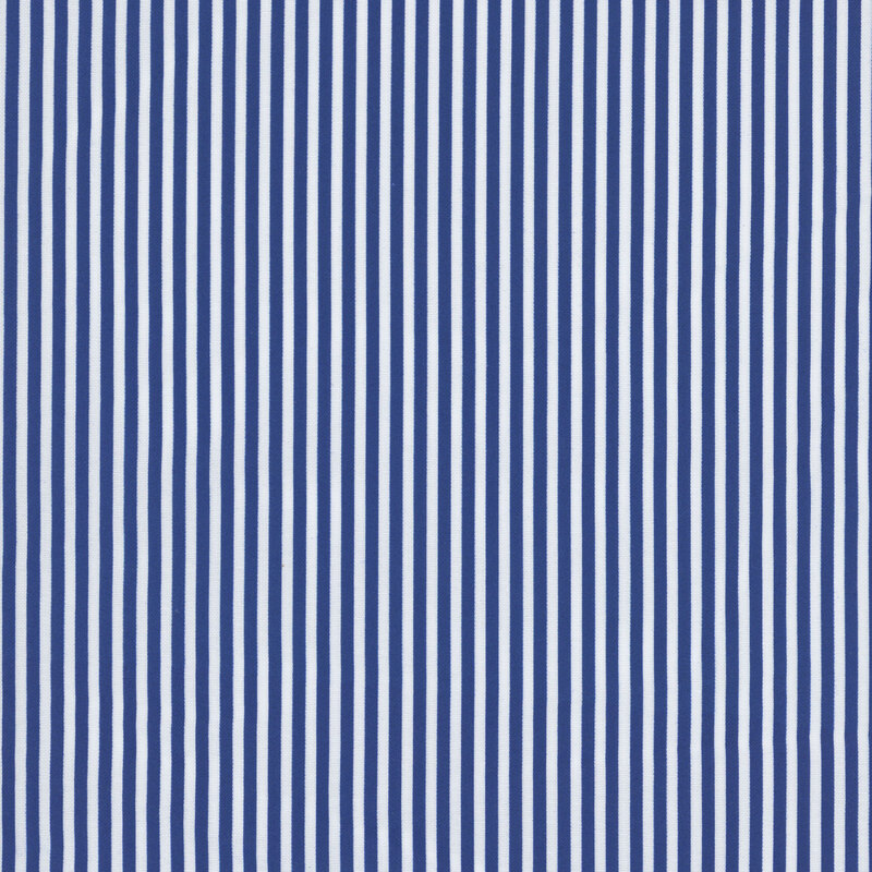 Fabric with narrow navy blue and white vertical stripes