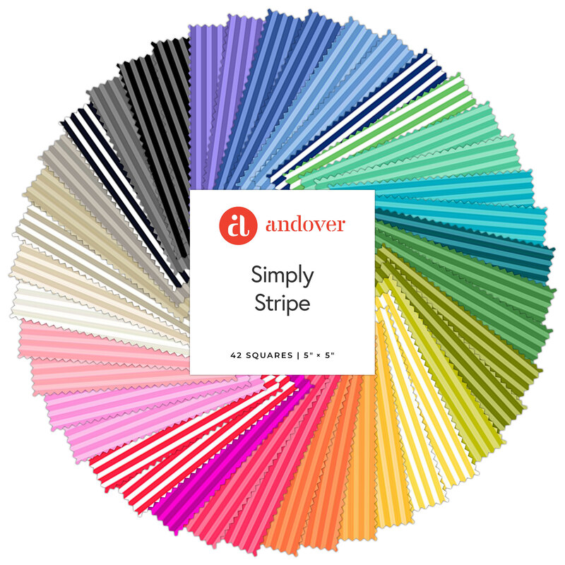 Circular collage of vertically striped fabrics from the Simply Stripe collection in all the colors of the rainbow, as well as neutral tones. 