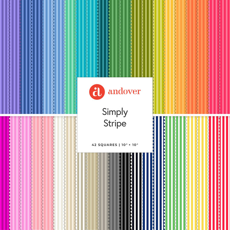Swatches of vertically striped fabrics from the Simply Stripe collection in all the colors of the rainbow, as well as neutral tones. 