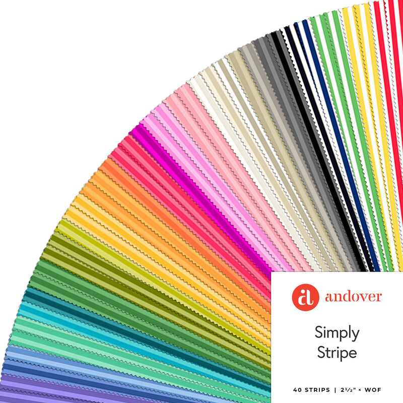 Fanned out collage of vertically striped fabrics from the Simply Stripe collection in all the colors of the rainbow, as well as neutral tones. 