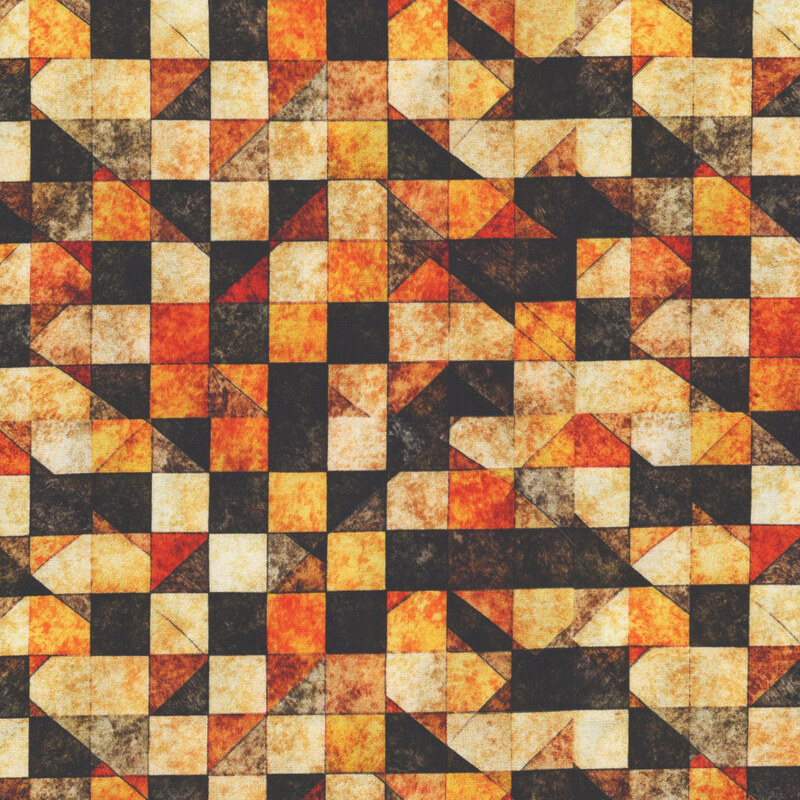 Mottled orange and black a checker and triangle design.