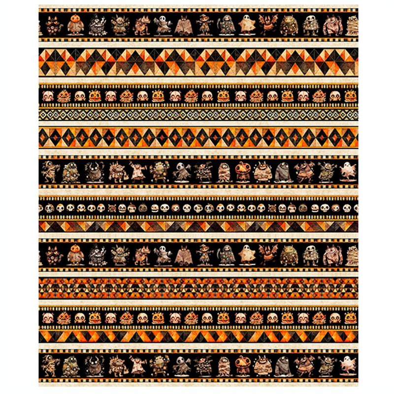 Black border stripe fabric featuring rows of frightening creatures and geometric designs.