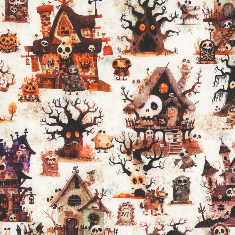Terrifying castles, creatures, and trees tossed on a textured cream background.
