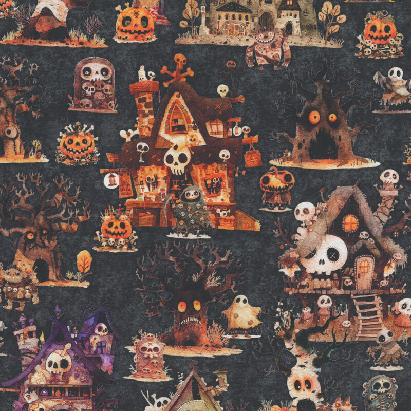 Terrifying castles, creatures, and trees tossed on a textured black background.