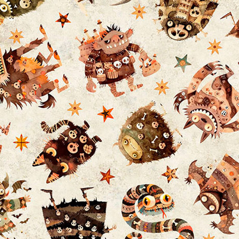 Textured light gray fabric featuring terrifying monsters and animals and decorated stars.