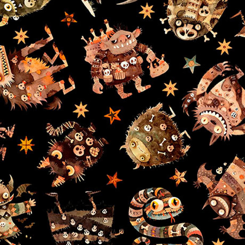 Pitch black fabric featuring terrifying monsters and animals and decorated stars.