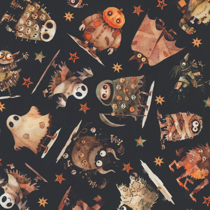 Pitch black fabric featuring terrifying monsters and animals and decorated stars.