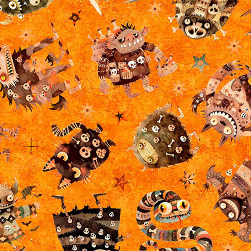 Textured orange fabric featuring terrifying monsters and animals and decorated stars.