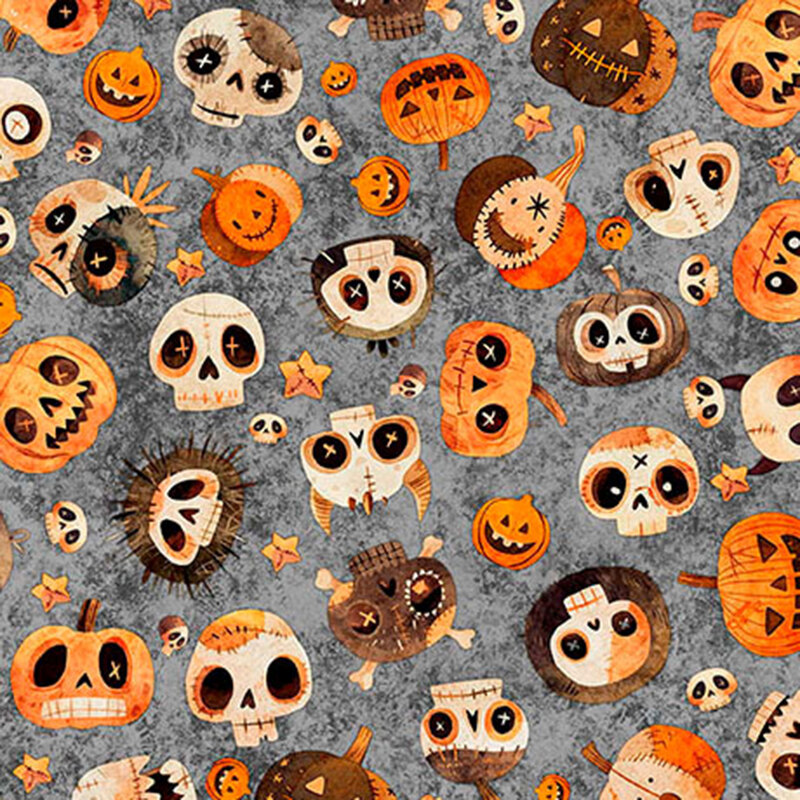 Textured gray fabric featuring ghoulish skulls and pumpkins