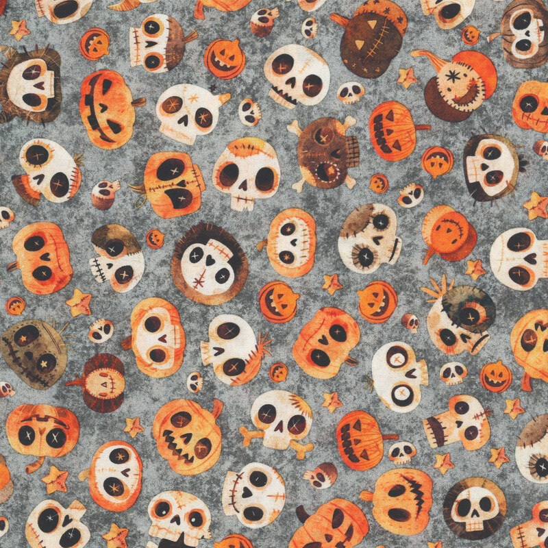 Textured gray fabric featuring ghoulish skulls and pumpkins