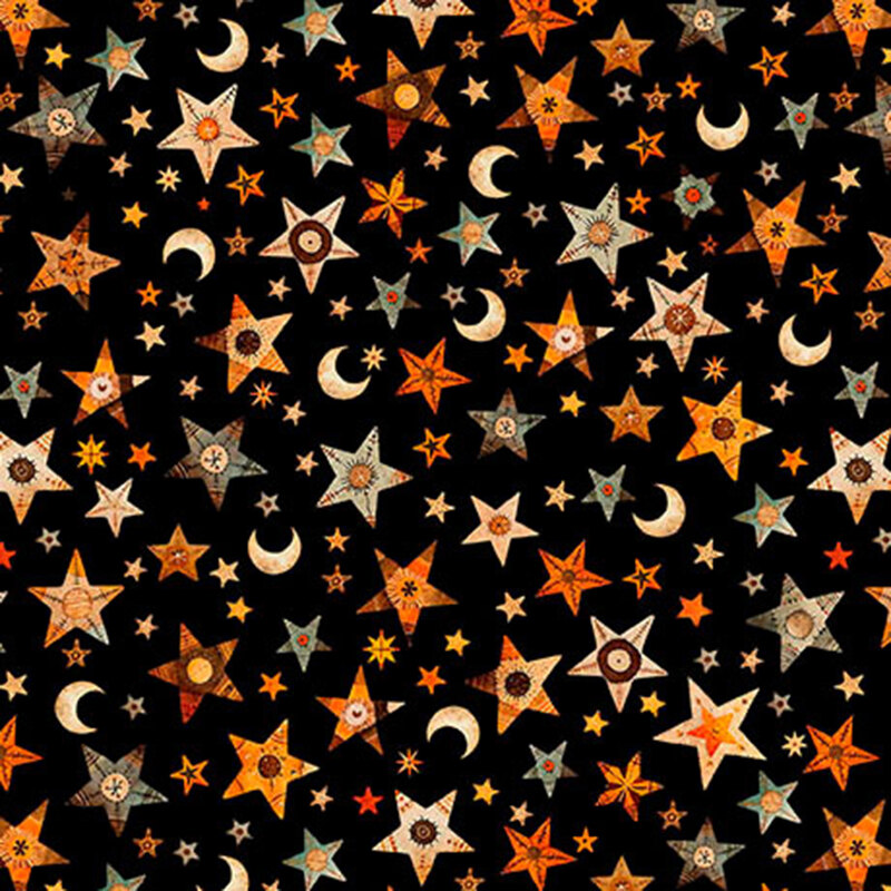Pitch black fabric tossed with stars and moons.