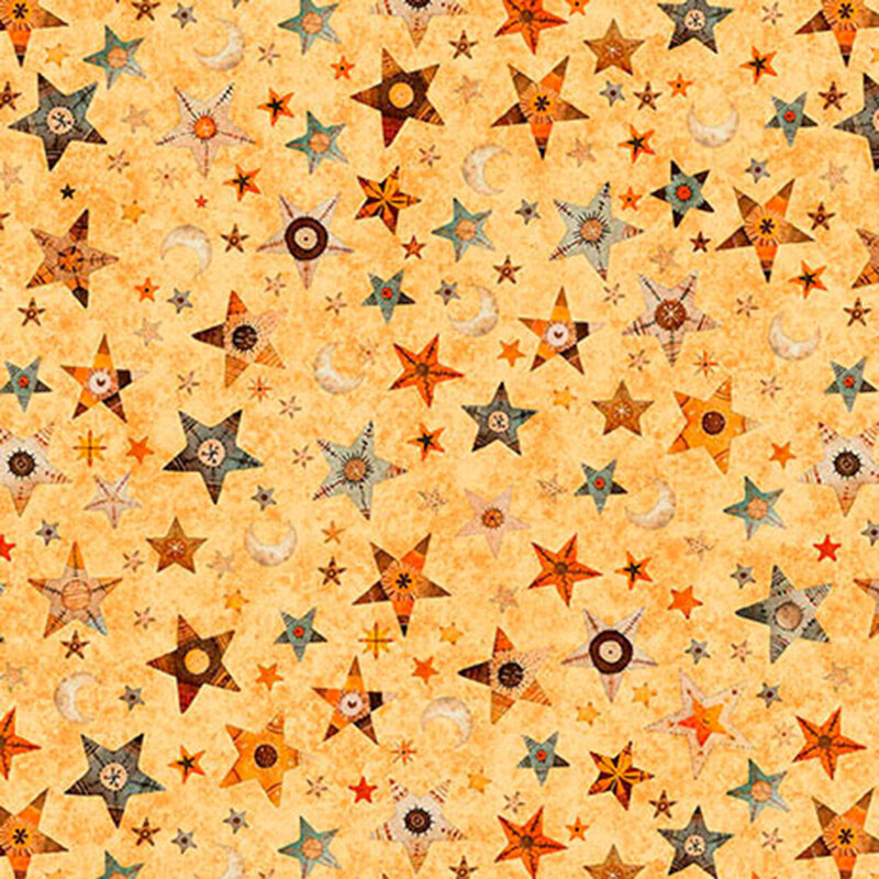 Textured light orange fabric tossed with stars and moons.